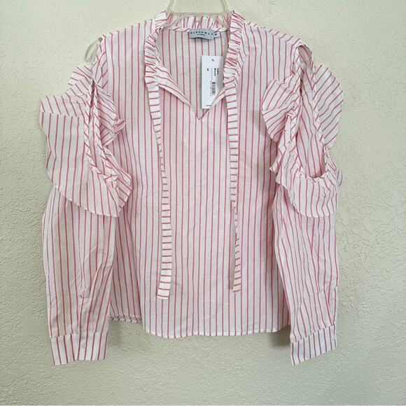 NWT Harshman Indre White Pink Striped Cutout Long Sleeve Cotton Blouse Medium - Picture 2 of 7